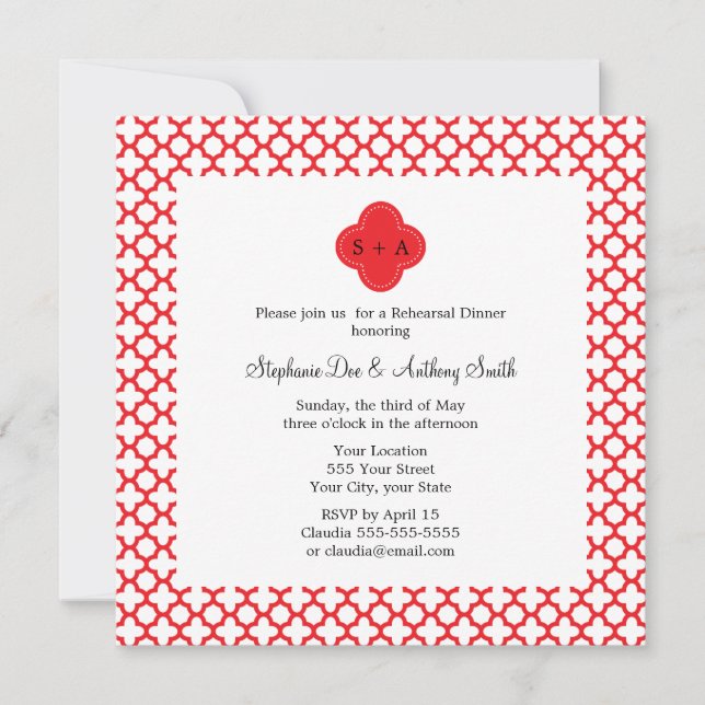 Monogram Red Quatrefoil Pattern Rehearsal Dinner Invitation (Front)