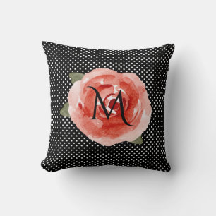 Monogram Red Rose Black White Polka Dots Cushion