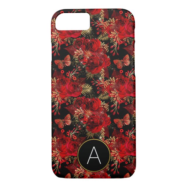 Monogram Red Roses and Butterfly Pattern Case-Mate iPhone Case (Back)