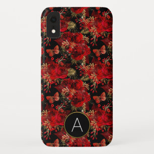 Monogram Red Roses and Butterfly Pattern iPhone XR Case