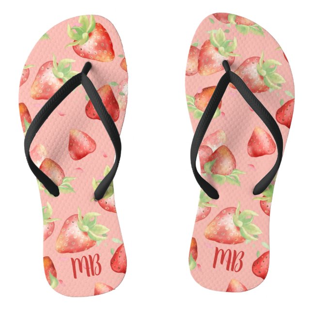 Monogram Red Strawberry Summer Fun Modern Girly Thongs (Footbed)
