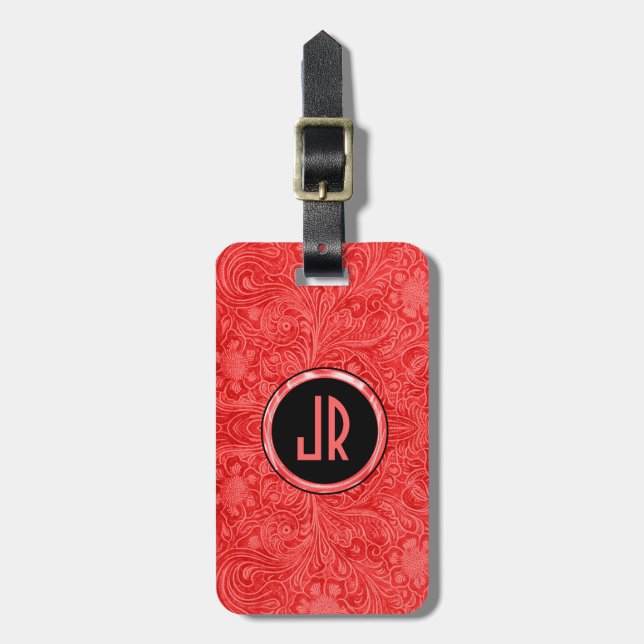 Monogram Red Suede Leather Floral Design Luggage Tag (Front Vertical)
