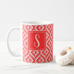 Monogram Red Three-Tone Diamond Pattern Coffee Mug