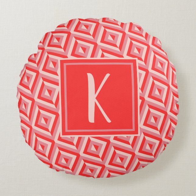 Monogram Red Three-Tone Diamond Pattern Round Cushion (Front)