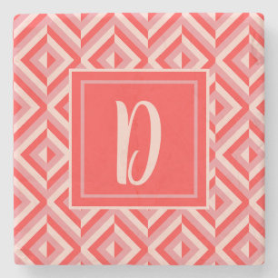 Monogram Red Three-Tone Diamond Pattern Stone Coaster