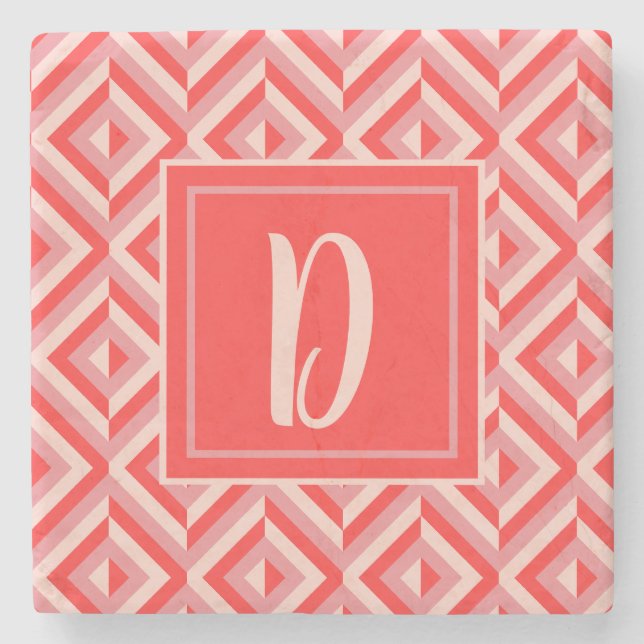 Monogram Red Three-Tone Diamond Pattern Stone Coaster (Front)