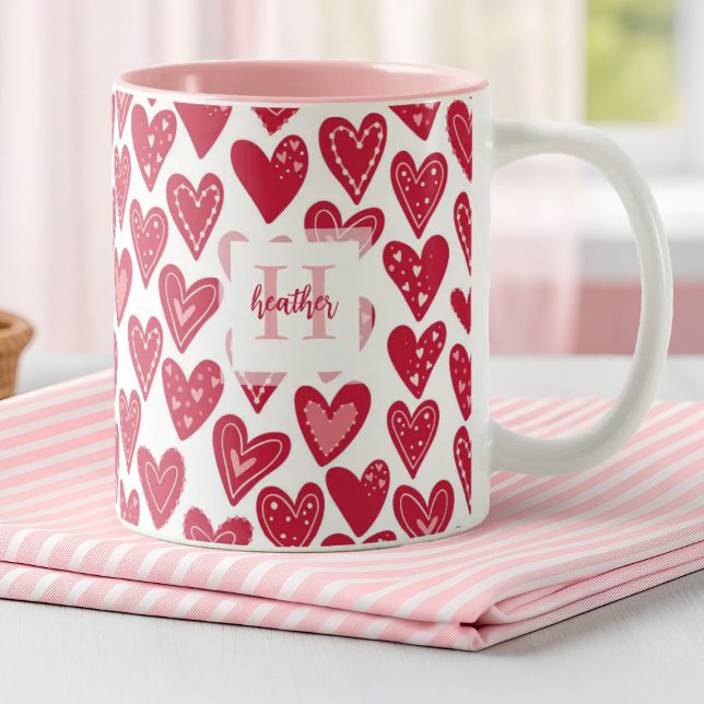 Monogram Red Valentine Heart Pattern Two-Tone Coffee Mug (A stylish monogram mug with a cute red heart pattern. Makes a perfect Valentine's Day gift)