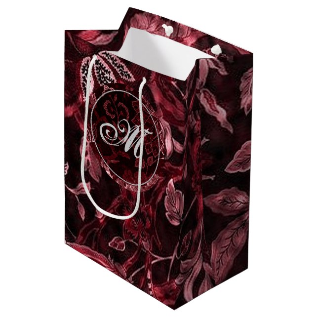 Monogram Red Vintage Floral GIft Bag (Front Angled)
