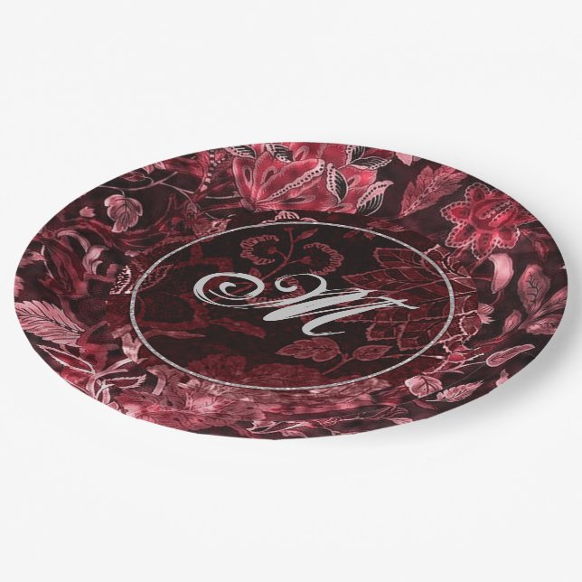 Monogram Red Vintage Floral Paper Plates (Angled)