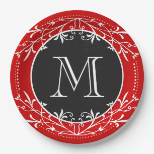 Monogram Red, White and Black Vintage Decorative Paper Plate
