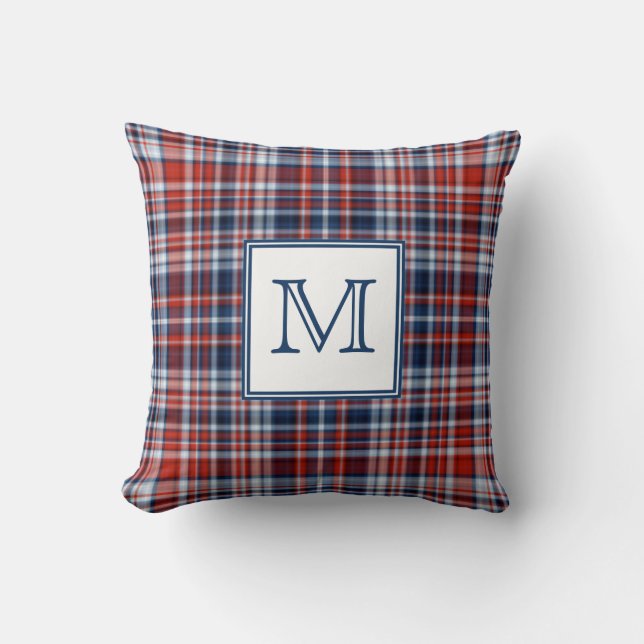 Monogram Red White and Blue Plaid Cushion (Front)