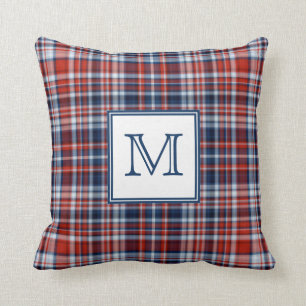 Monogram Red White and Blue Plaid Cushion