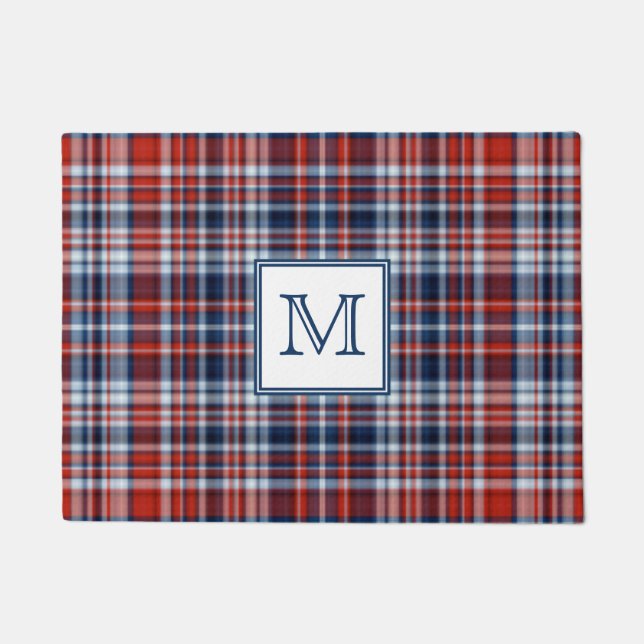Monogram Red White and Blue Plaid Doormat (Front)