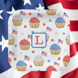 Monogram Red White Blue Cupcake Flag Star Preppy Paper Plate