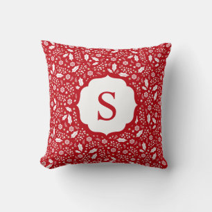 Monogram Red White Christmas Floral Pattern Cushion