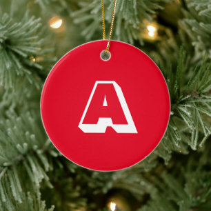 Monogram red & white custom initial Christmas Ceramic Ornament