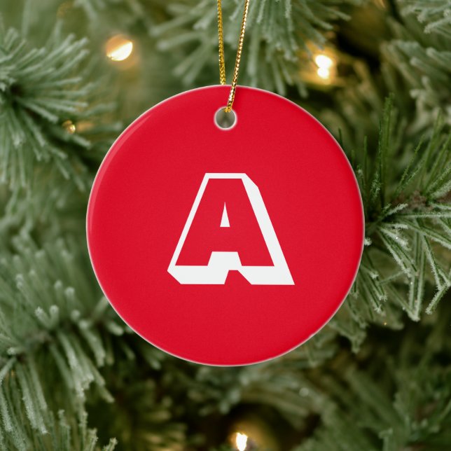 Monogram red & white custom initial Christmas Ceramic Ornament (Tree)