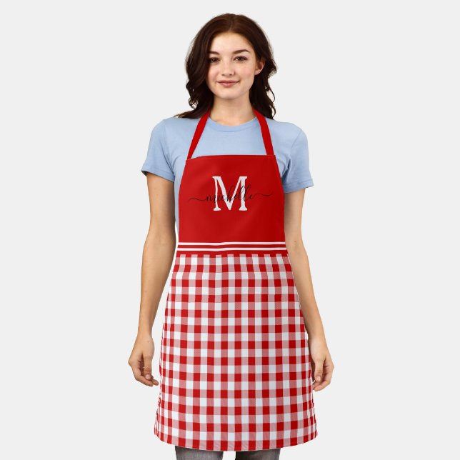 Monogram Red White Gingham Black Name Apron (Worn)