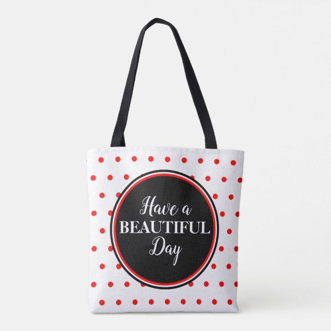 Monogram Red White Polka Dots Quote Tote Bag (Back)