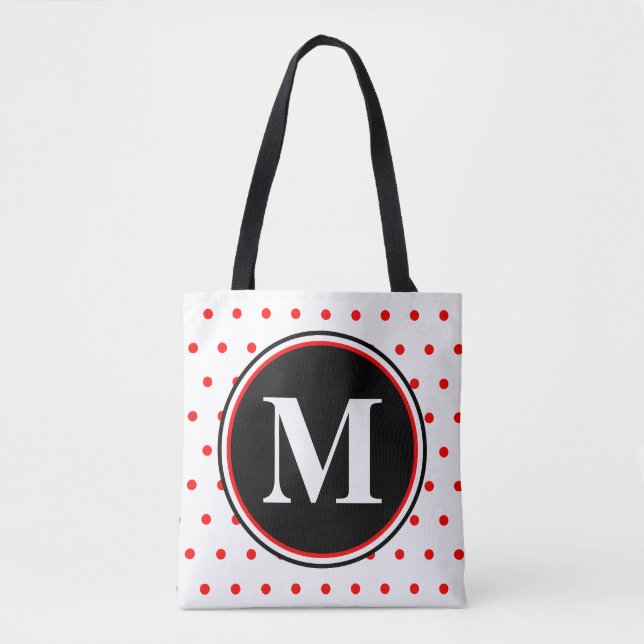 Monogram Red White Polka Dots Tote Bag (Front)