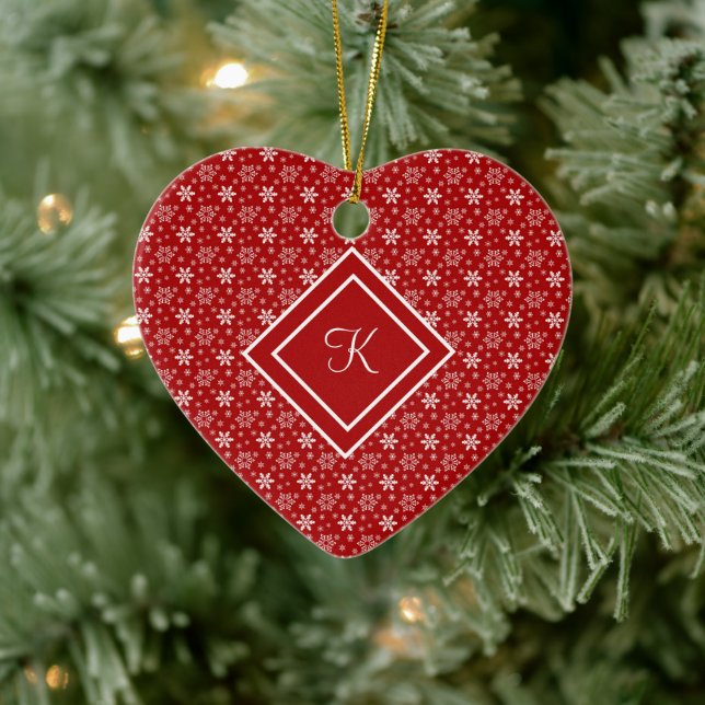 Monogram Red White Snowflake Christmas Holiday   Ceramic Ornament (Tree)