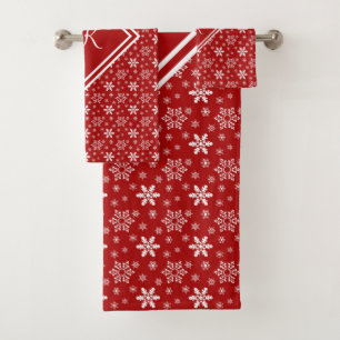 Monogram Red White Snowflake Winter Holiday  Bath Towel Set