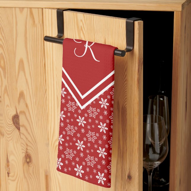 Monogram Red White Snowflake Winter Holiday Tea Towel (Thirds Fold)
