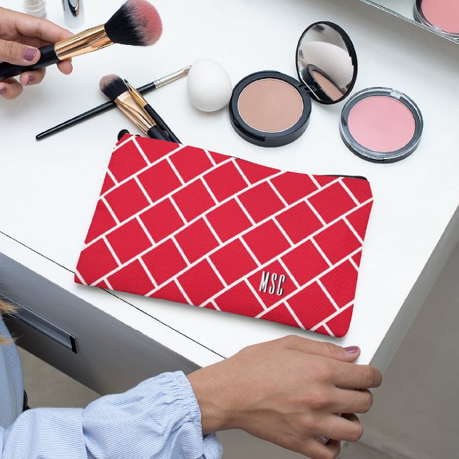 Monogram, Red & White Stylish Trellis Pattern Accessory Pouch (Creator Uploaded)