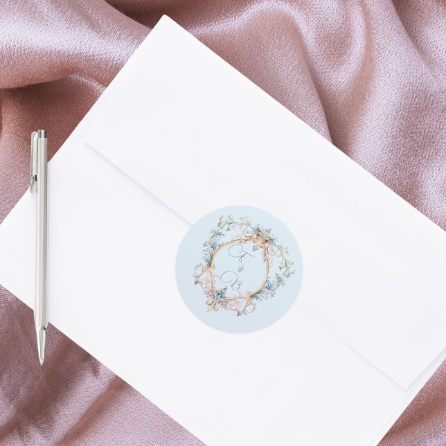 Monogram Regency Crest Blue Elegant  Classic Round Sticker (Creator Uploaded)