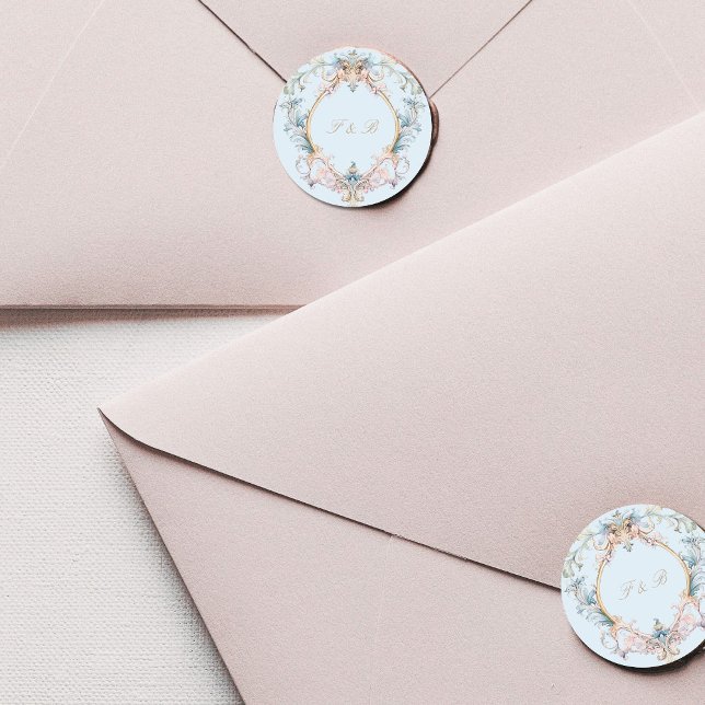 Monogram Regency Crest Elegant Blue  Classic Round Sticker (Creator Uploaded)