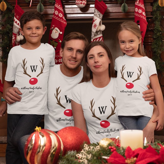 Monogram Reindeer Antler Red Nose Family Christmas T-Shirt (Creator Uploaded)