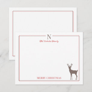Monogram Reindeer Red Border Christmas Stationery Card