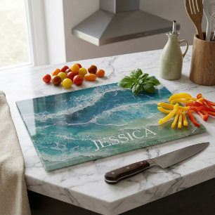 Monogram Resin Look Waves Coastal Cutting Board