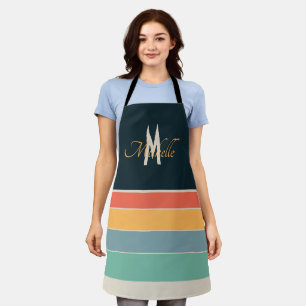 Monogram Retro 70s Navy Blue Mustard Striped Name Apron
