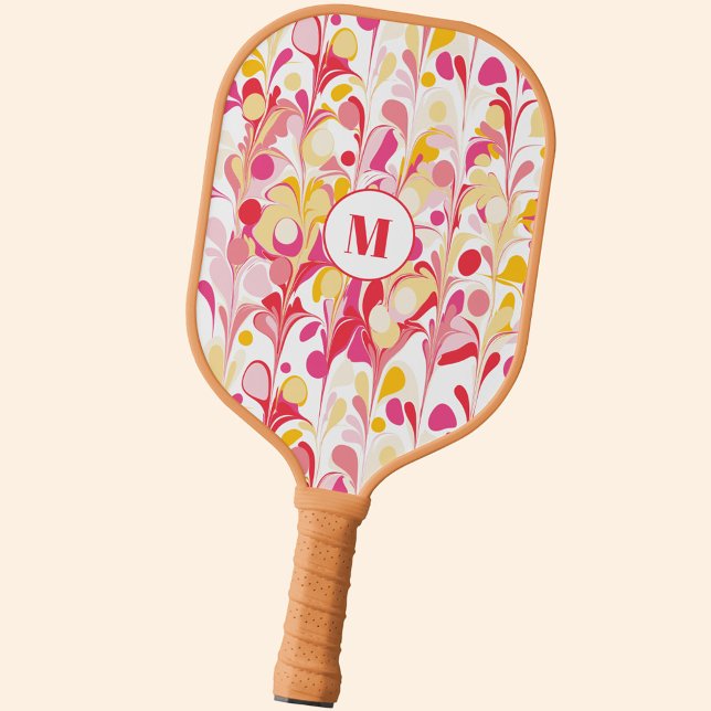 Monogram Retro Abstract Marble Pattern Pink Pickleball Paddle (Retro marble pink pattern monogram initial personalized pickleball paddle)