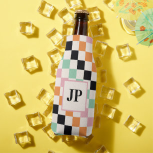 Monogram Retro Chequerboard Custom Monogrammed Bottle Cooler