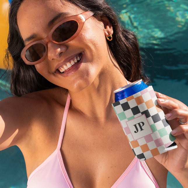 Monogram Retro Chequerboard Custom Monogrammed Can Cooler (Creator Uploaded)