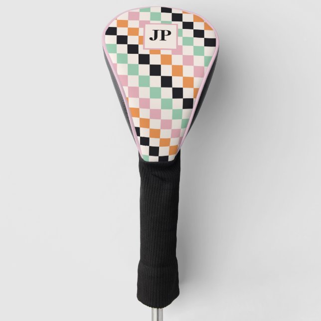 Monogram Retro Chequerboard Custom Monogrammed Golf Head Cover (Front)