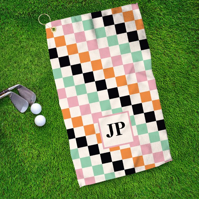 Monogram Retro Chequerboard Custom Monogrammed Golf Towel (Creator Uploaded)