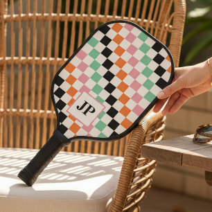 Monogram Retro Chequerboard Custom Monogrammed Pickleball Paddle
