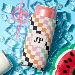 Monogram Retro Chequerboard Custom Monogrammed Seltzer Can Cooler