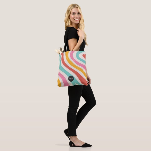 Monogram Retro Colorful Wavy Stripes Tote Bag (On Model)