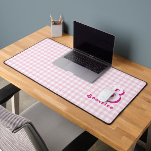 Monogram Retro Elegant Minimal Pink & White Plaid Desk Mat