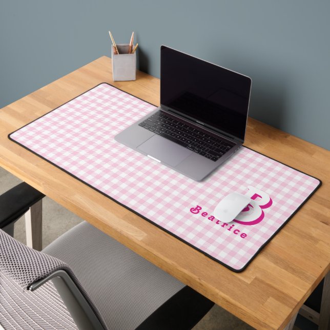 Monogram Retro Elegant Minimal Pink & White Plaid Desk Mat (Office 2)