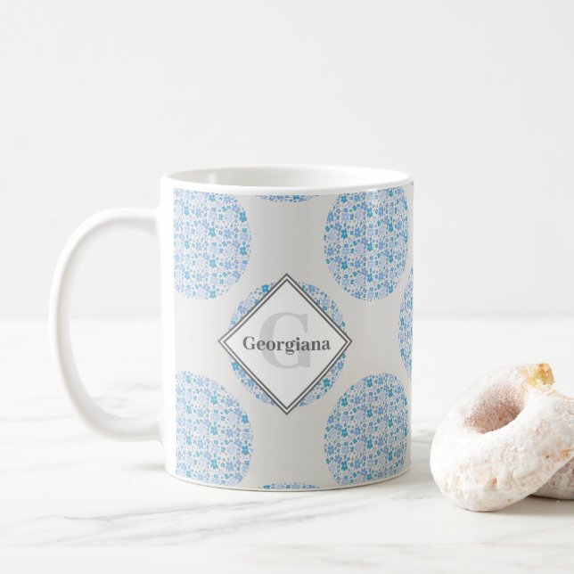 Monogram Retro Florals Berry Blues Polka Dot Coffee Mug (With Donut)