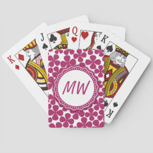 Monogram Retro Flower Pattern Acai Pink and White Playing Cards