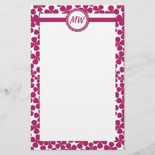 Monogram Retro Flower Pattern Acai Pink and White Stationery