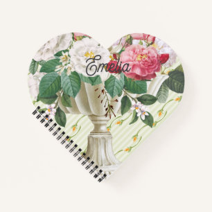 Monogram retro flower pot cute sweet green stripes notebook