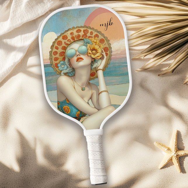 Monogram Retro Glam Summer Beach Vibes Pickleball Paddle (Personalize with your monogram initials.)