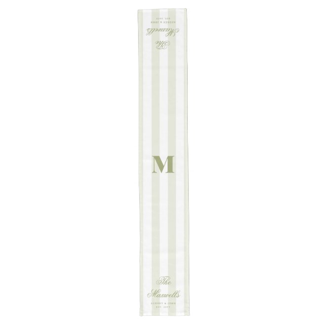 Monogram  Retro Green White Stripes Script Wedding Long Table Runner (Front)